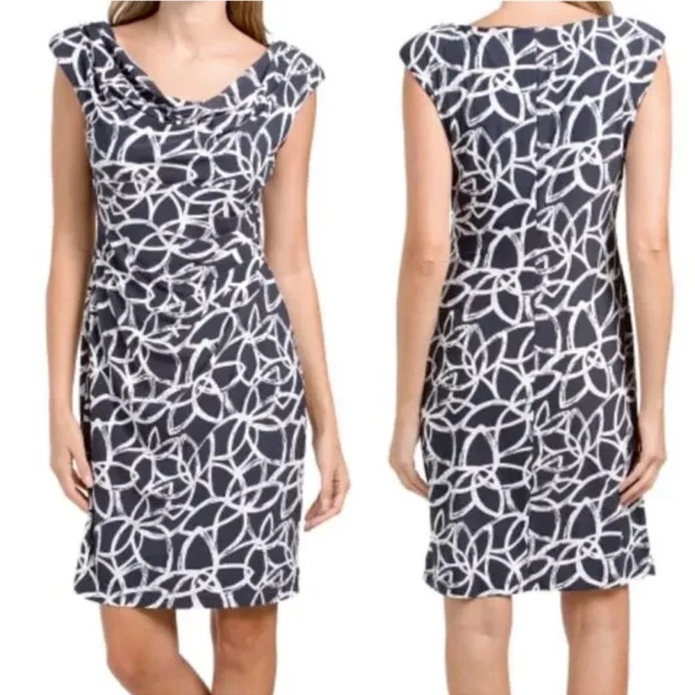 Anne Klein Dress 14 Navy Blue White Stretch Career Church Washable